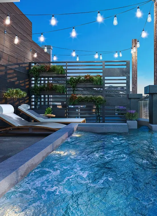 Hotel Jackson rooftop hot tub with Teton mountain views