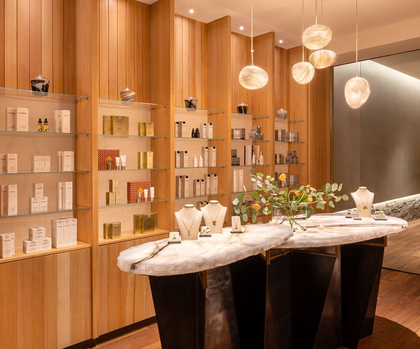 Luxury skincare display and products at Hotel Jackson spa in Jackson Hole