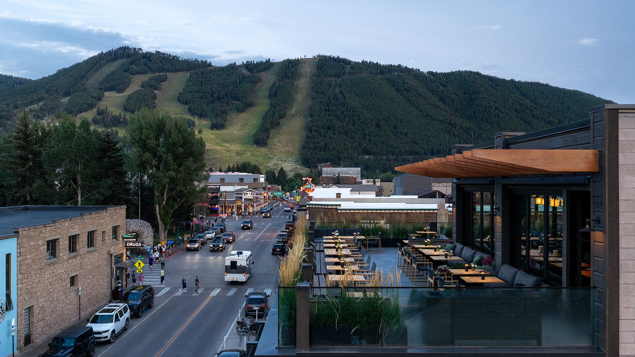 Juliette rooftop restaurant at Hotel Jackson overlooking downtown Jackson and Snow King Mountain