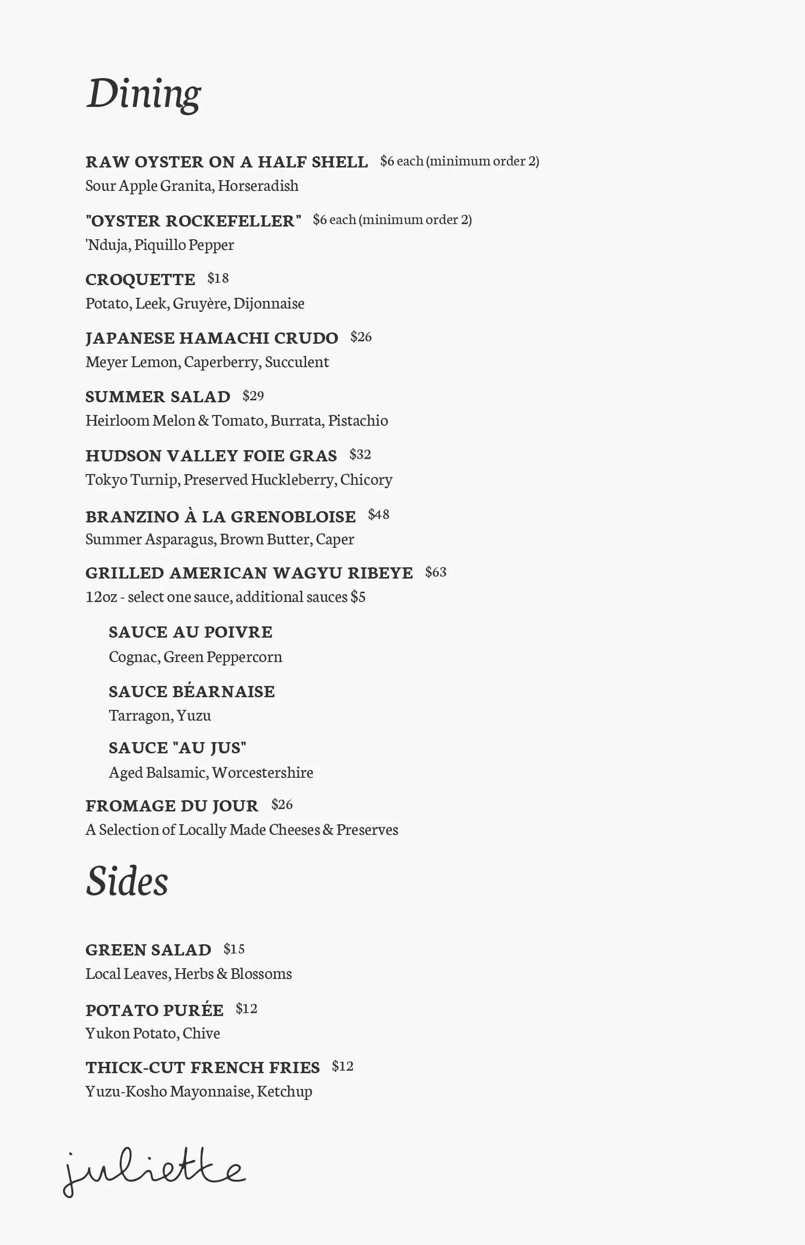 Juliette dining menu
