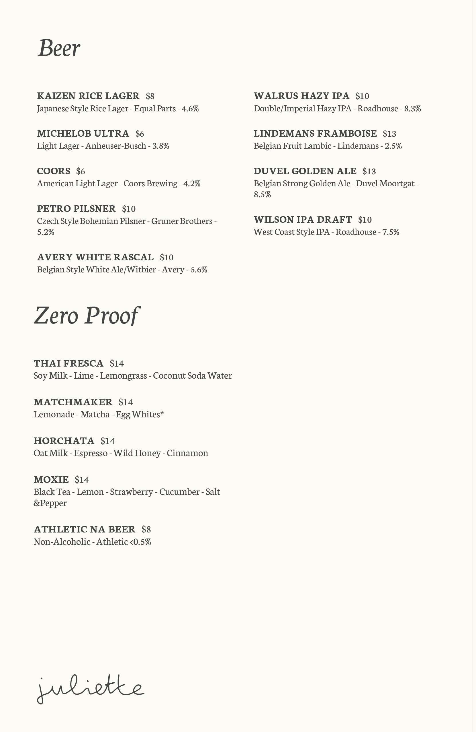 Juliette beer and non-alcoholic menu
