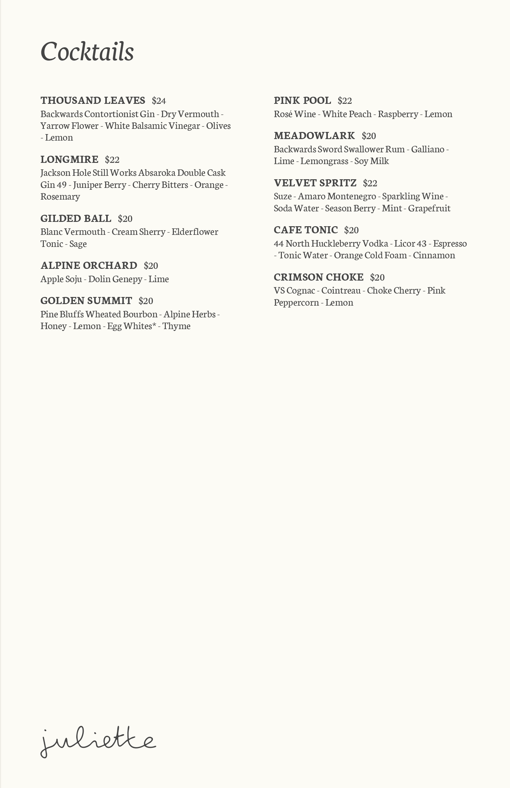 Juliette cocktail menu