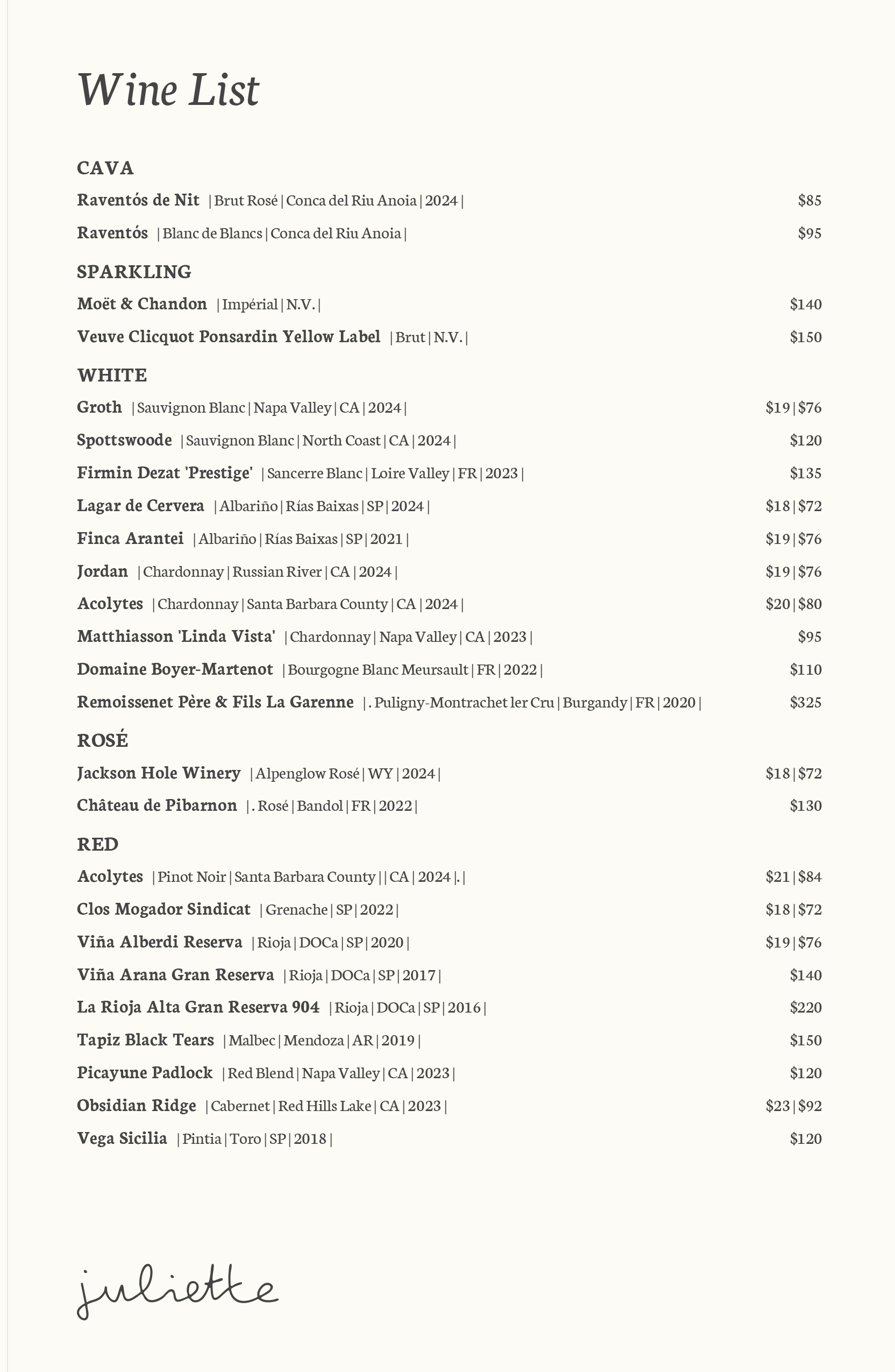 Juliette wine menu